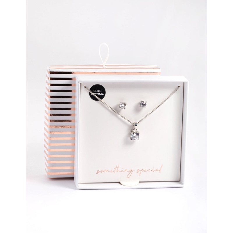 Silver Cubic Zirconia Solitaire Necklace & Stud Earrings