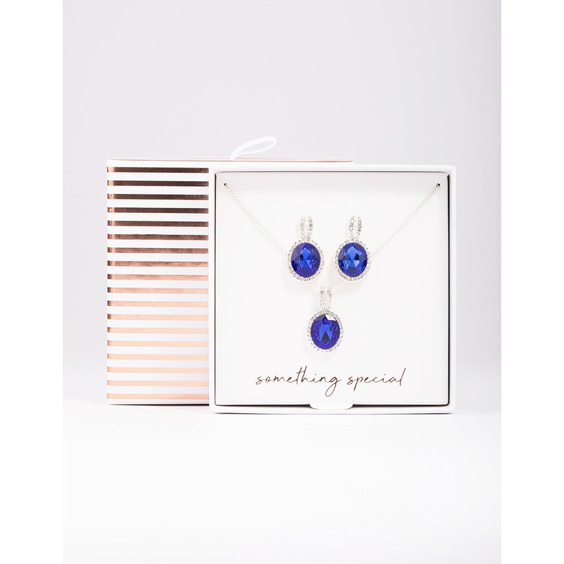 Silver Sapphire Oval Halo Jewellery Set