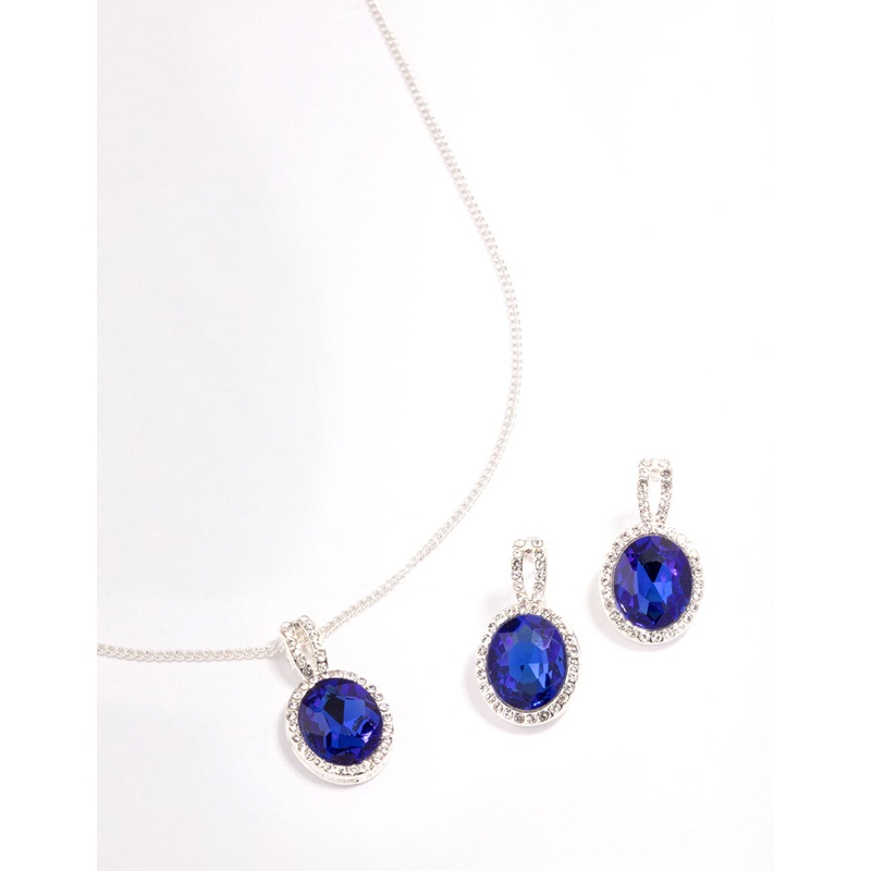 Silver Sapphire Oval Halo Jewellery Set