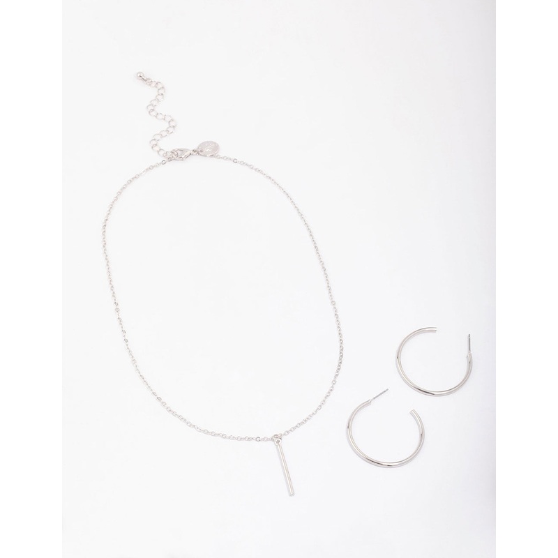 Silver Slim Stick Necklace & Earrings Jewellery Set