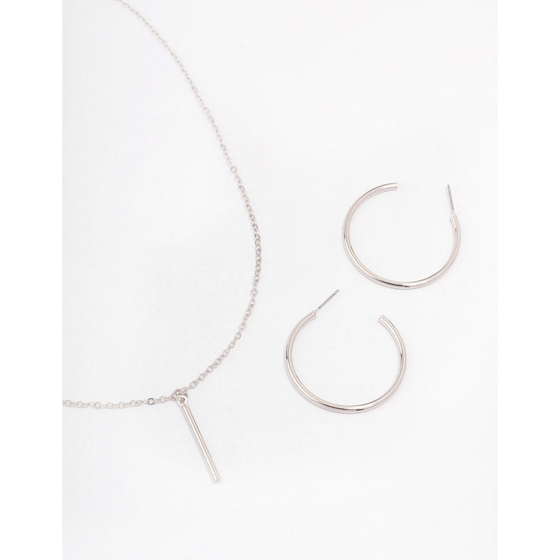 Silver Slim Stick Necklace & Earrings Jewellery Set