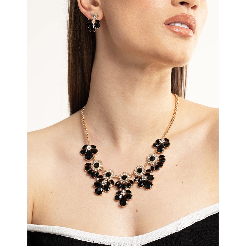 Black Mixed Stone Necklace & Earrings Set