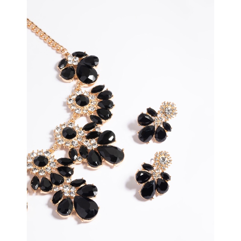 Black Mixed Stone Necklace & Earrings Set