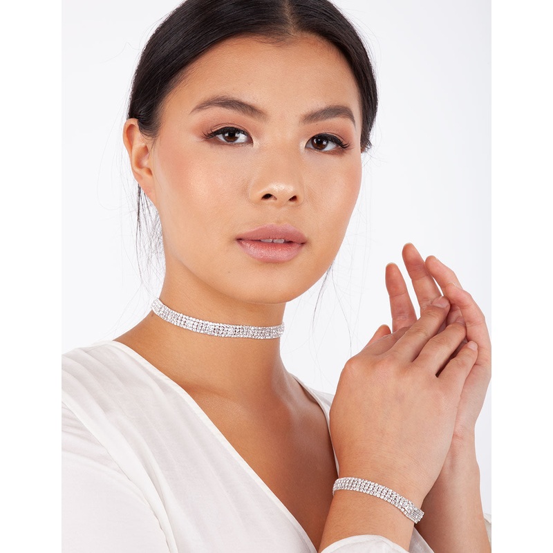 Four Row Diamante Choker & Bracelet Set