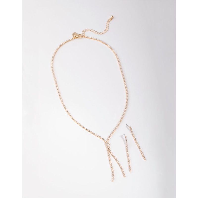 Gold Cubic Zirconia Cupchain Y-Neck Earrings & Necklace