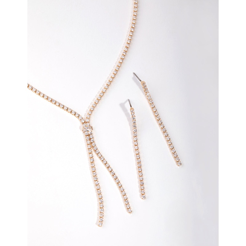 Gold Cubic Zirconia Cupchain Y-Neck Earrings & Necklace