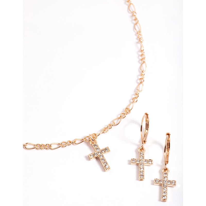 Gold Diamante Cross Necklace & Huggie Earrings