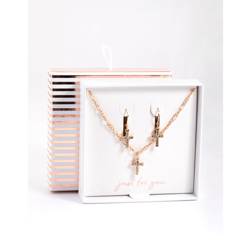 Gold Diamante Cross Necklace & Huggie Earrings