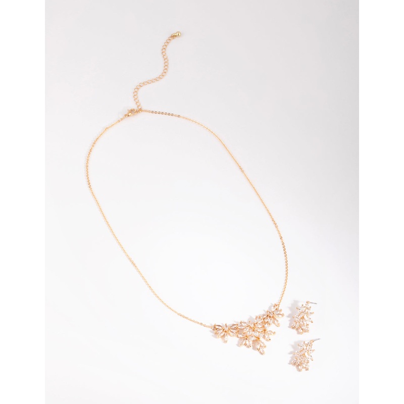 Gold Diamond Simulant Navette Flower Necklace & Earring Set