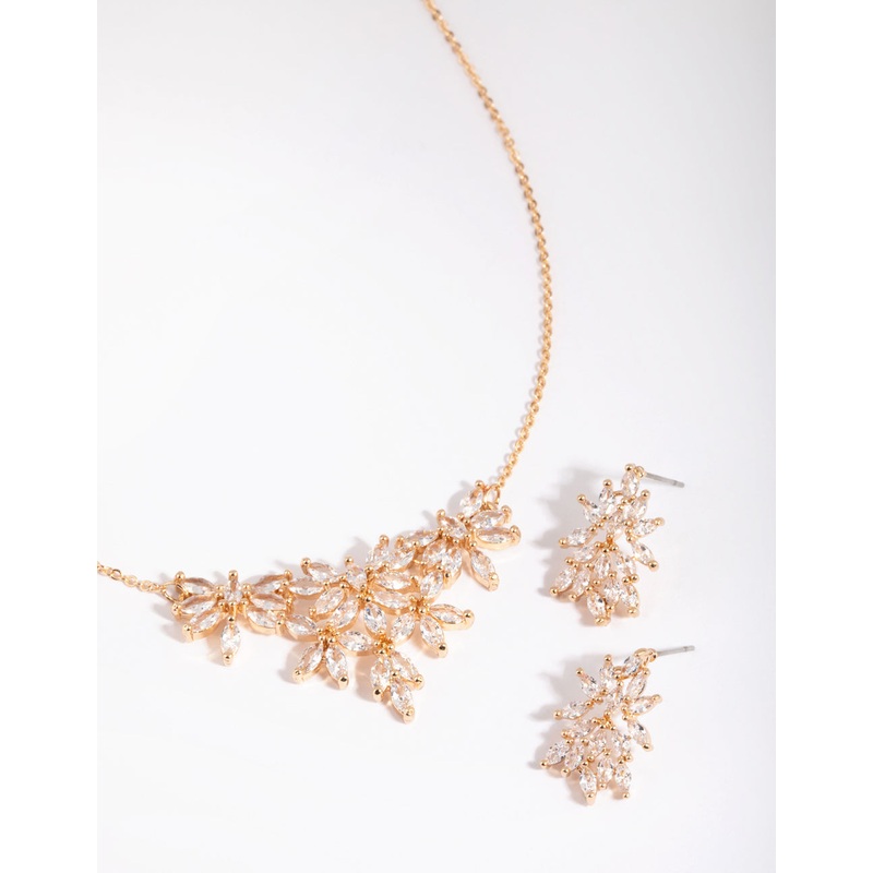 Gold Diamond Simulant Navette Flower Necklace & Earring Set