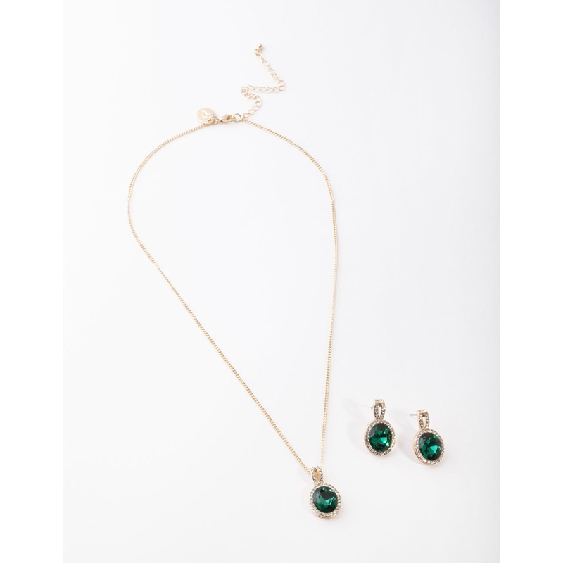 Gold Green Halo Necklace & Earrings Set