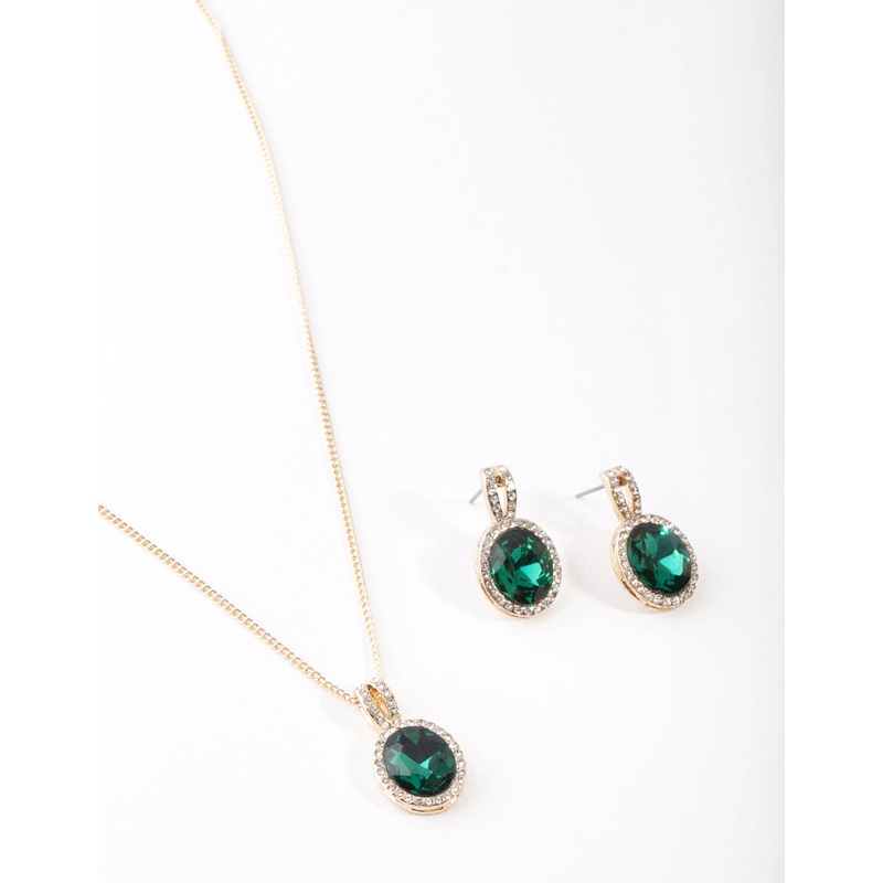 Gold Green Halo Necklace & Earrings Set