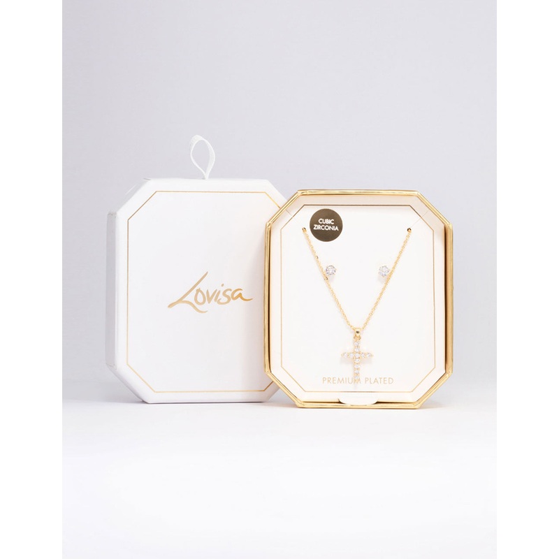 Gold Plated Cross Cubic Zirconia Necklace & Earrings Set