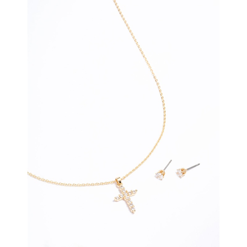 Gold Plated Cross Cubic Zirconia Necklace & Earrings Set