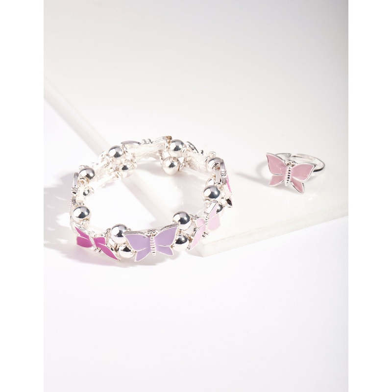 Kids Silver Enamel Butterfly Stretch Bracelet & Ring Set