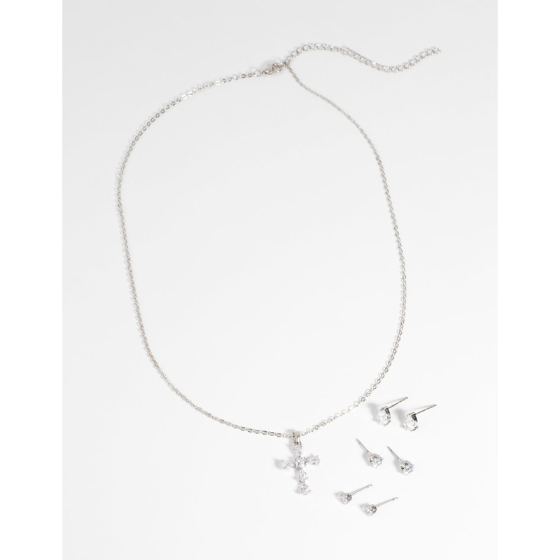 Rhodium Diamond Simulant Cross Necklace & Earrings Set