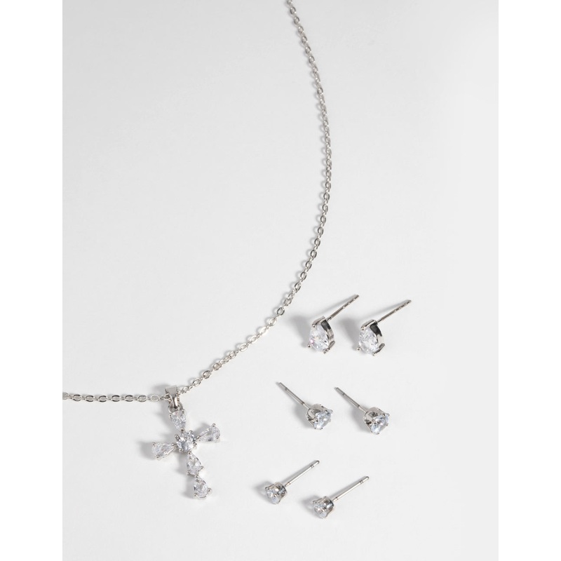 Rhodium Diamond Simulant Cross Necklace & Earrings Set