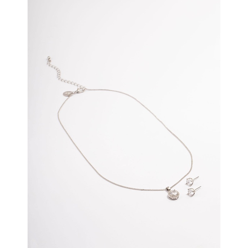 Silver Cubic Zirconia Circle Halo Earrings & Necklace Set