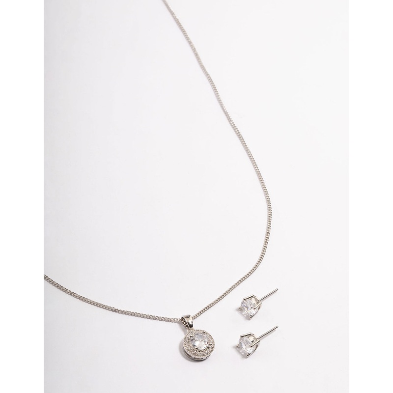 Silver Cubic Zirconia Circle Halo Earrings & Necklace Set