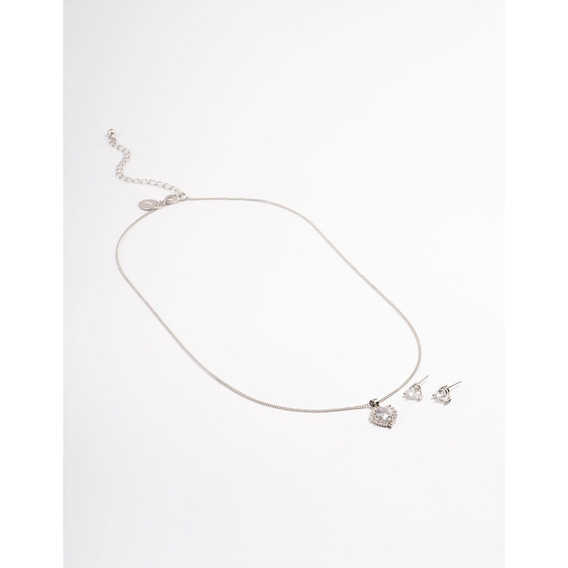 Silver Cubic Zirconia Halo Heart Earrings & Necklace Set