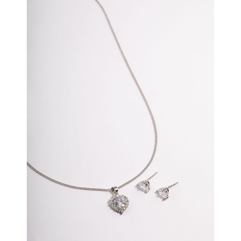 Silver Cubic Zirconia Halo Heart Earrings & Necklace Set