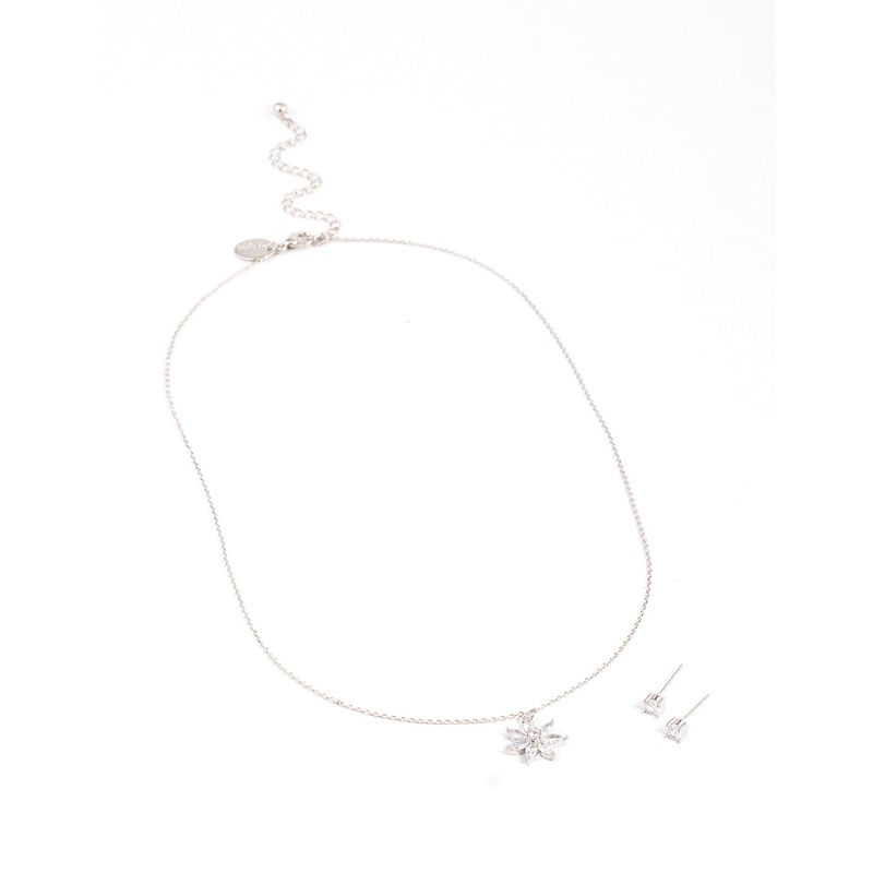 Silver Cubic Zirconia Marquise Flower Earrings & Necklace Set