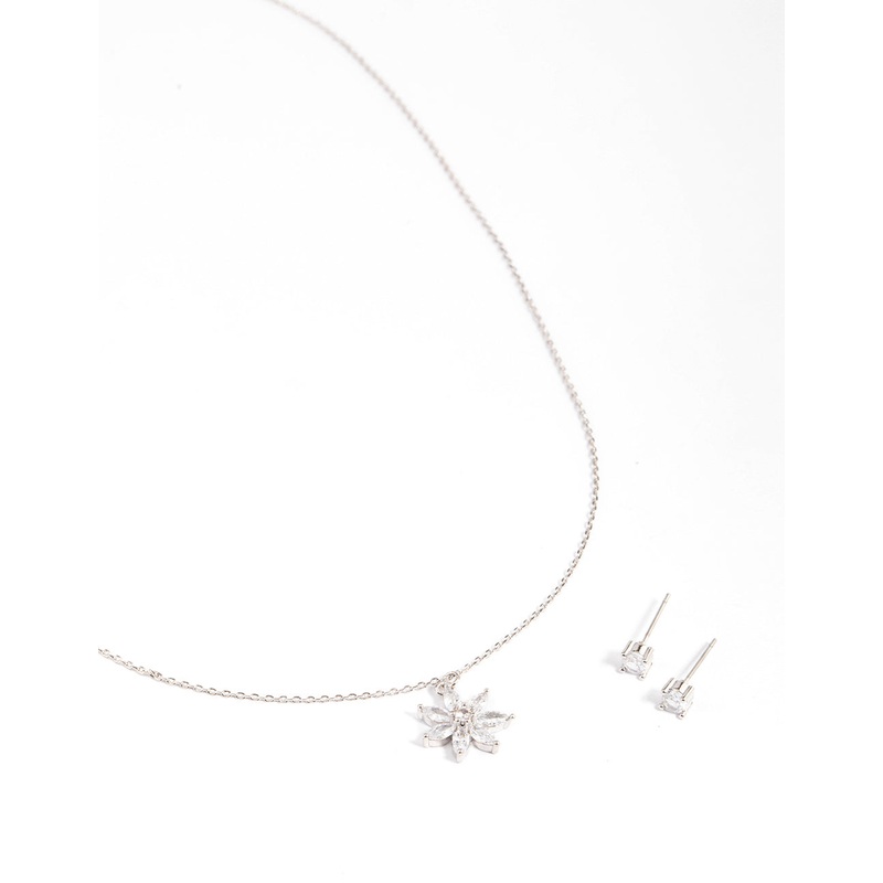 Silver Cubic Zirconia Marquise Flower Earrings & Necklace Set
