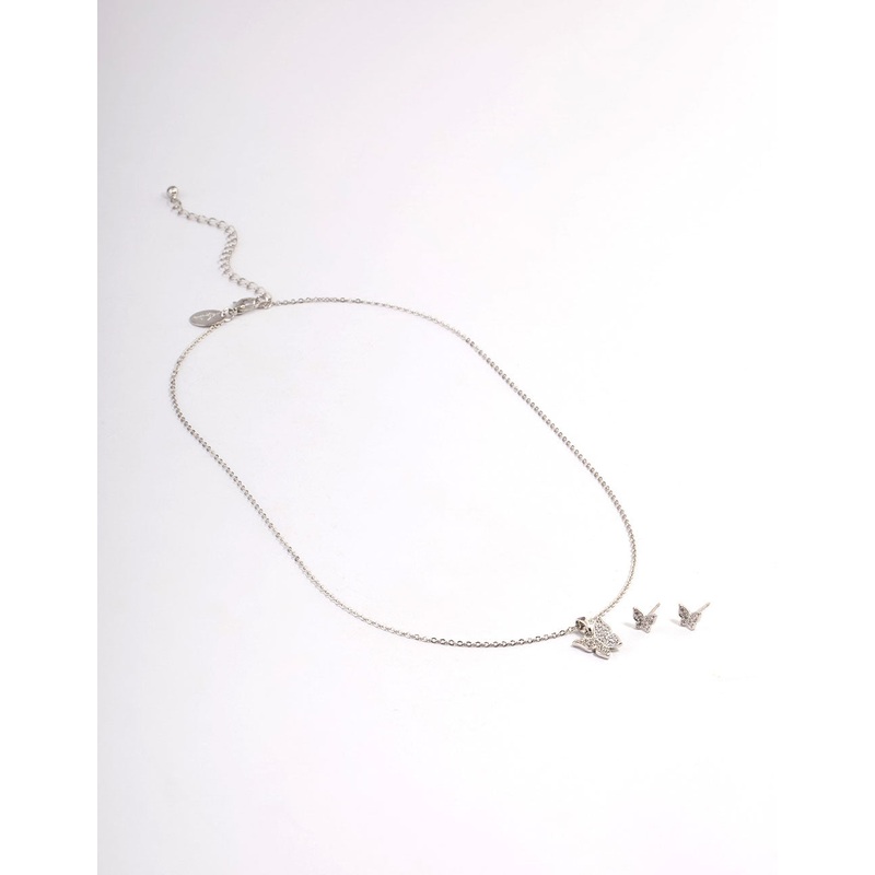 Silver Cubic Zirconia Pave Butterfly Earrings & Necklace Set