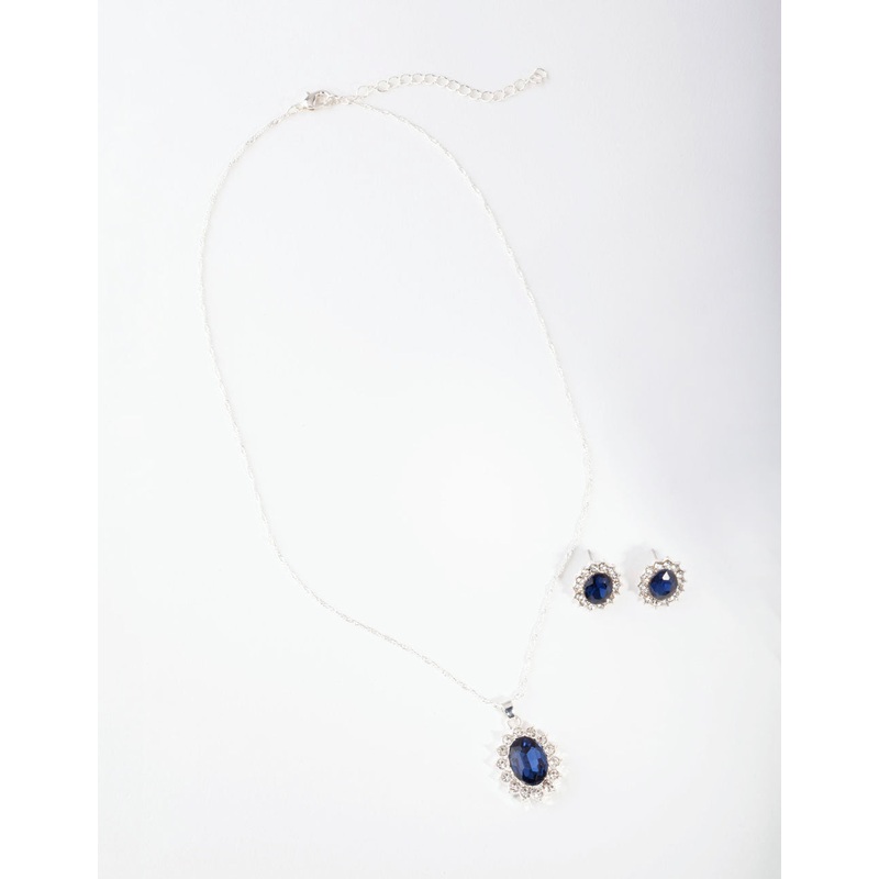 Silver Oval Blue Gem Jewellery Set