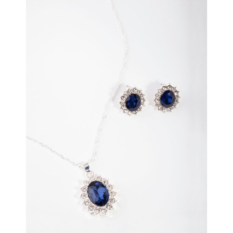 Silver Oval Blue Gem Jewellery Set