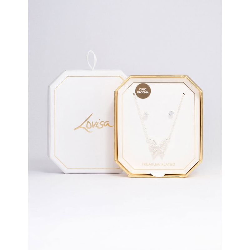 Silver Plated Butterfly Cubic Zirconia Necklace & Earrings Set