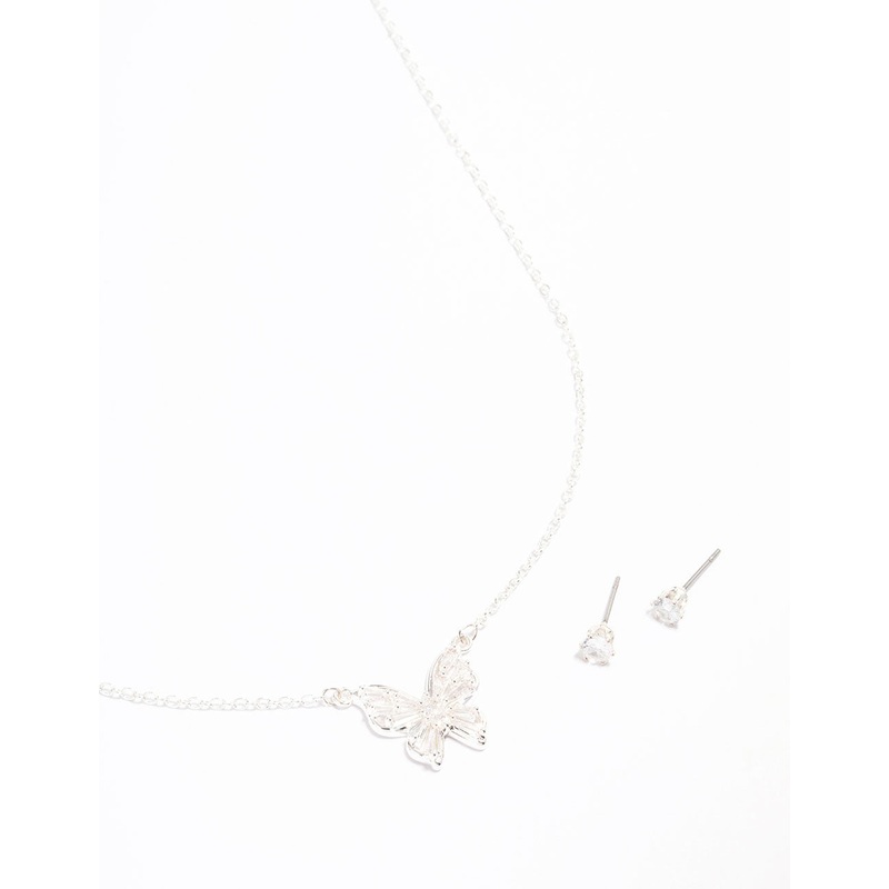 Silver Plated Butterfly Cubic Zirconia Necklace & Earrings Set