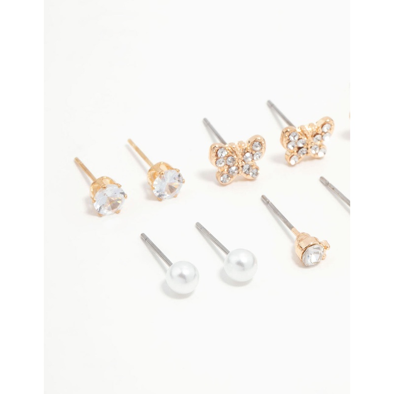 Gold Pearl, Diamante & Butterfly Stud Earrings 8-Pack