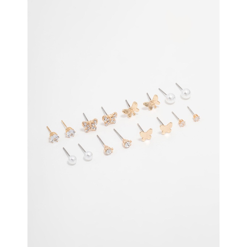 Gold Pearl, Diamante & Butterfly Stud Earrings 8-Pack