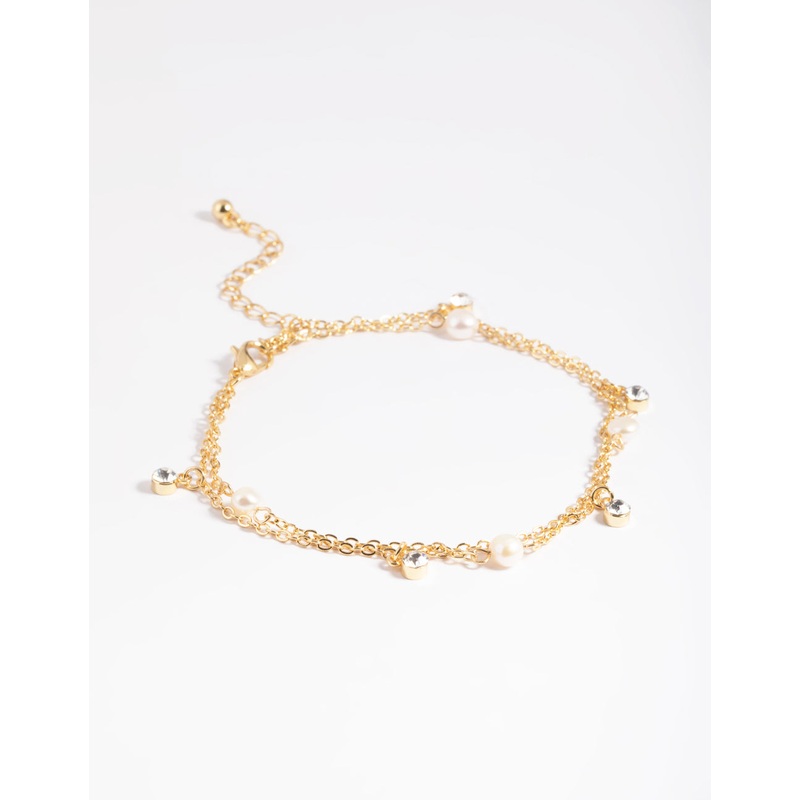 Gold Plated Freshwater Pearl Diamante Anklet