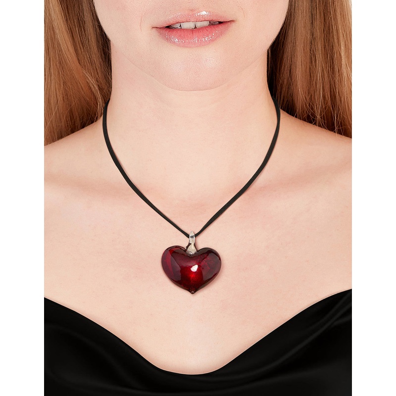 Large Red Puffy Heart Suede Cord Necklace