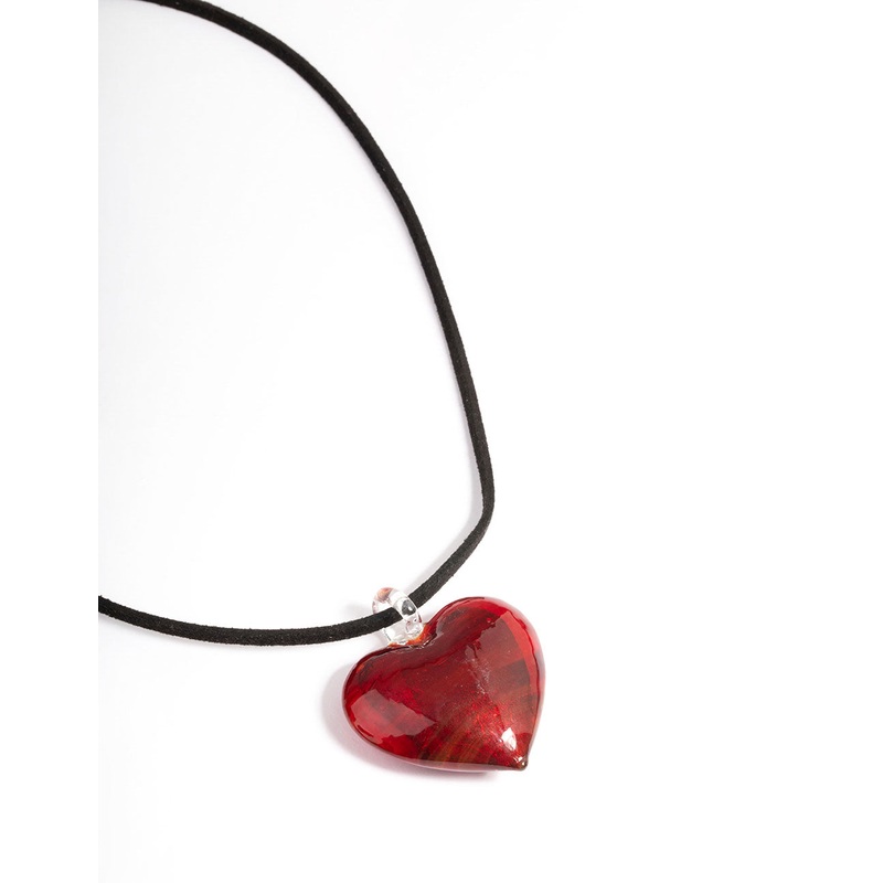 Large Red Puffy Heart Suede Cord Necklace