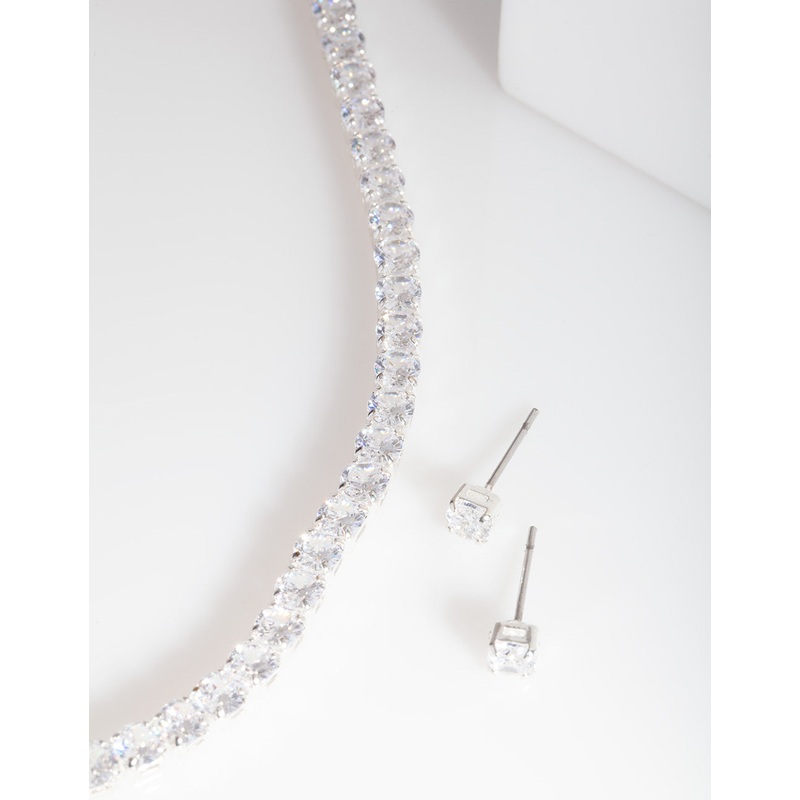 Silver Cubic Zirconia Earrings & Tennis Necklace Set
