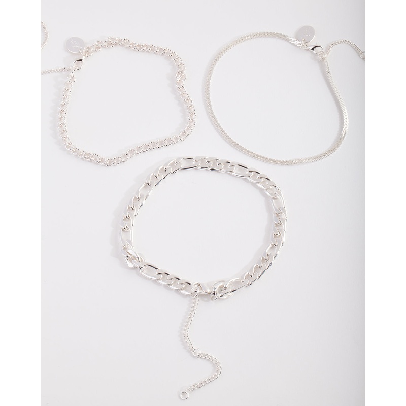 Silver Plated Statement Mixed Chain Anklet Trio