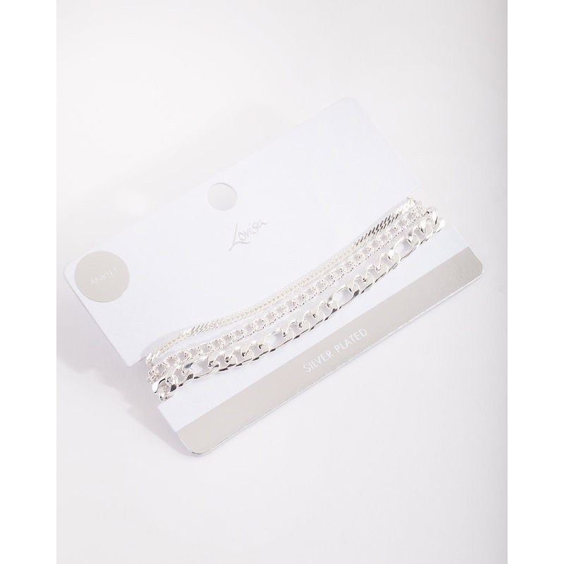 Silver Plated Statement Mixed Chain Anklet Trio