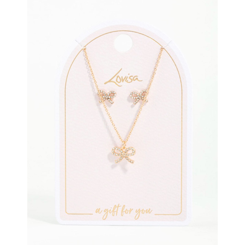 Gold Bow Diamante Necklace & Earrings Set