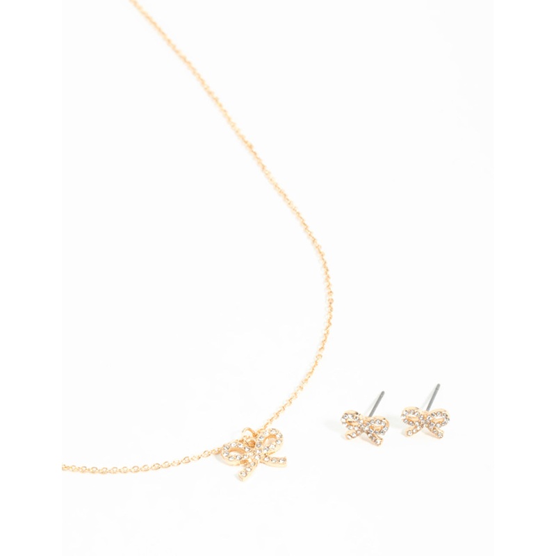 Gold Bow Diamante Necklace & Earrings Set