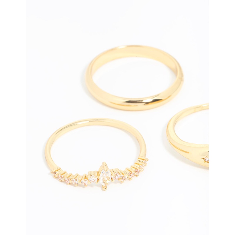 Gold Plated Cubic Zirconia Cluster & Plain Rings 3-Pack