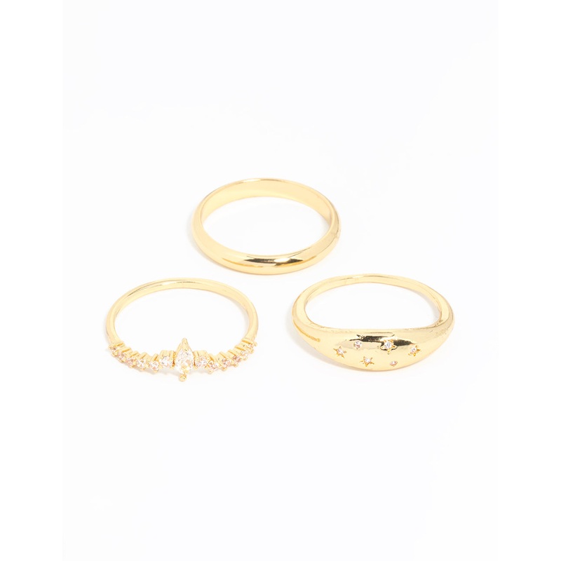 Gold Plated Cubic Zirconia Cluster & Plain Rings 3-Pack