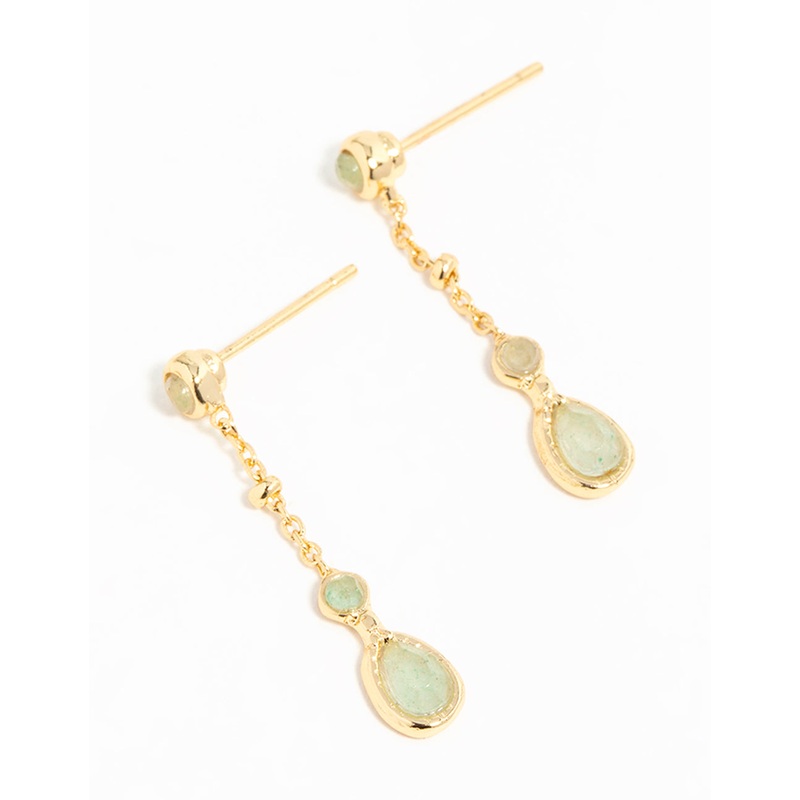 Gold Plated Green Diamante Drop Earrings