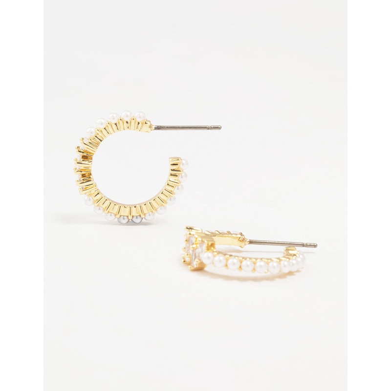 Gold Plated Pearl & Cubic Zirconia Hoop Earrings