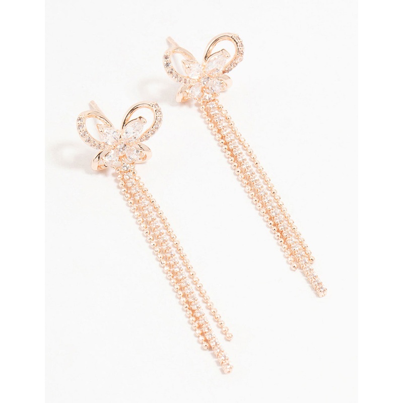 Rose Gold Cubic Zirconia Butterfly Drop Earrings