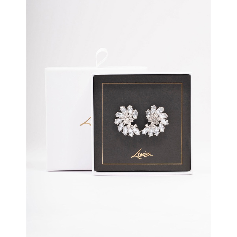 Silver Fan Marquise Diamante Stud Earrings