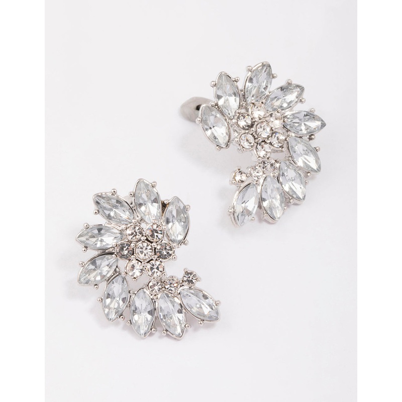 Silver Fan Marquise Diamante Stud Earrings