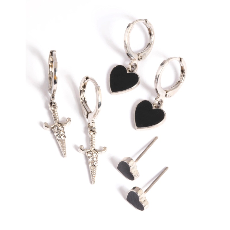 Silver Heart Flame Earring Stack Pack